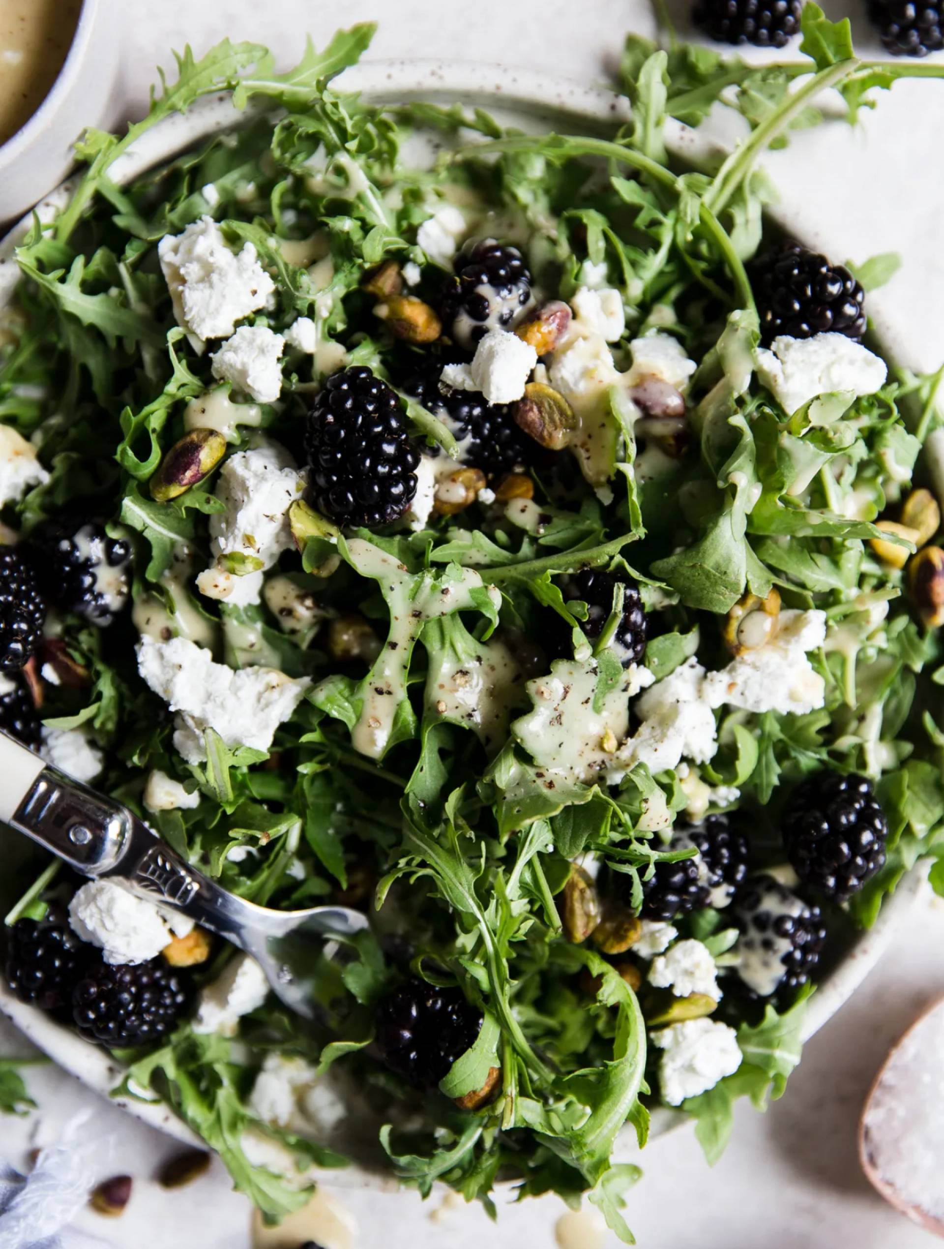 Blackberry Goat Cheese Arugula Salad with Balsamic Chicken
