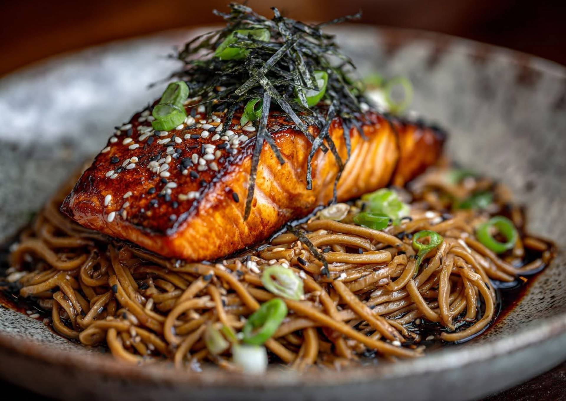 Pan Seared Salmon with Rice Noodles and Ponzu Ginger Sauce