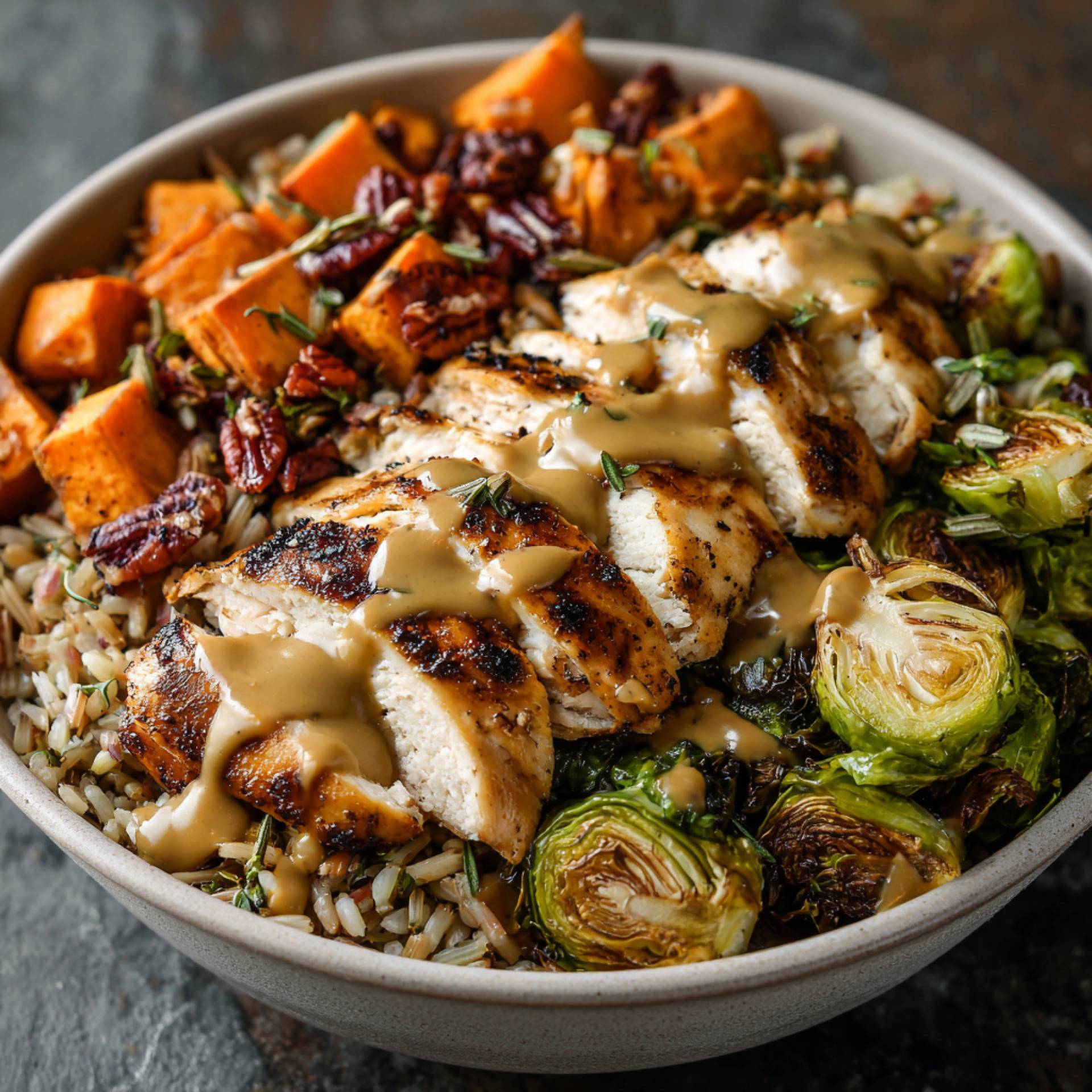 Maple Dijon Chicken and Roasted Sweet Potato Bowl