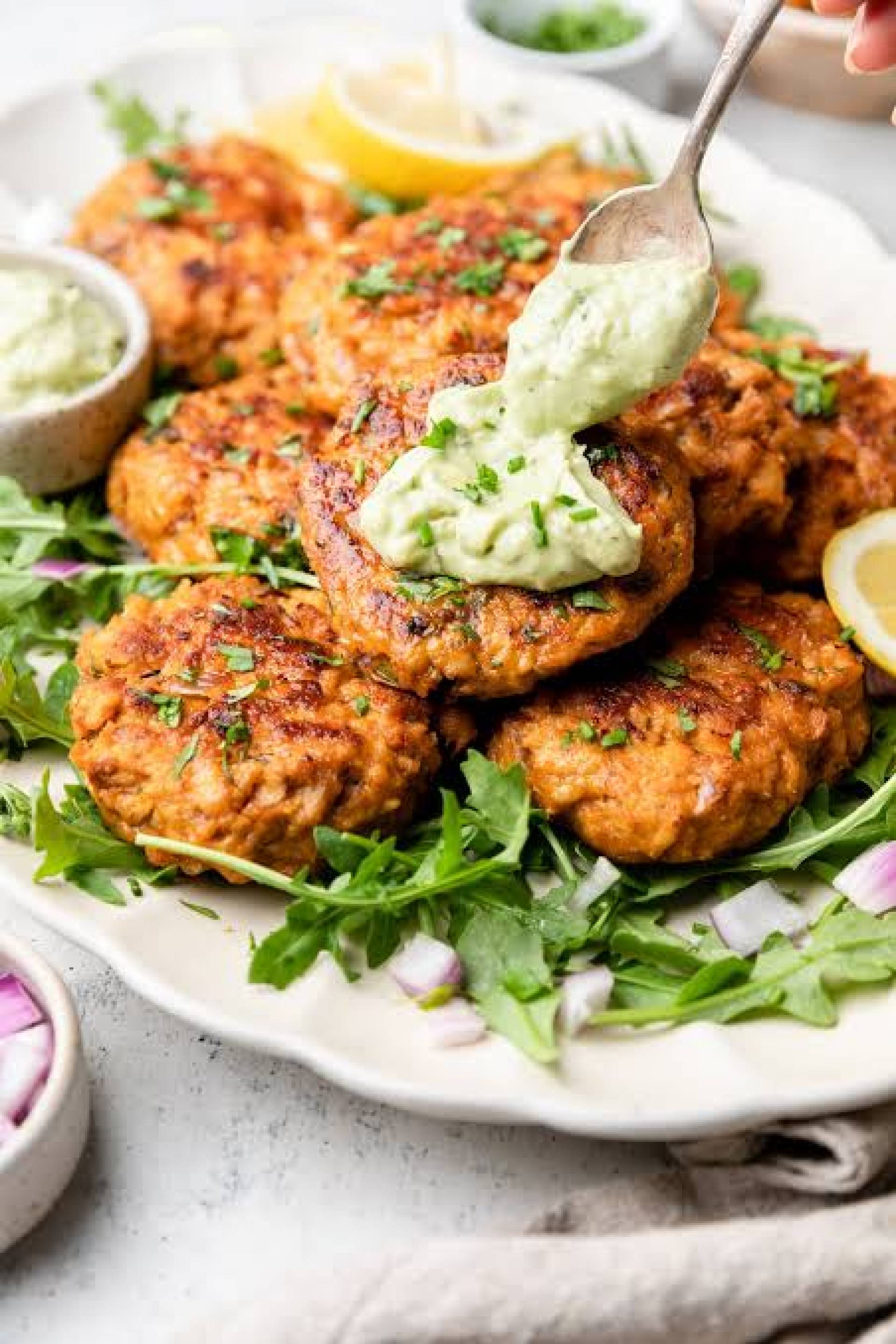 Salmon Cakes with Avocado Crema and Purple Rice Blend
